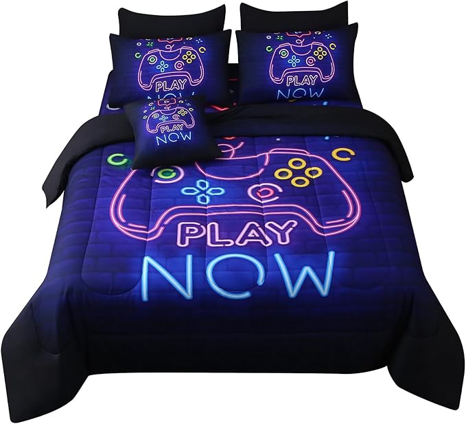 JQinHome Twin Gamer Comforter Set 6 Piece Bed in A Bag for Boys,3D Neon Light Up Design for Classic Console -All Season Soft Microfiber Down Alternative Comforter Gamer Bedding Sets for Kids (Purple)