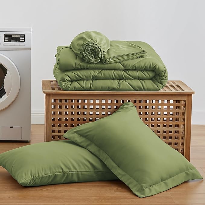 Love's cabin Twin XL Comforter Set Olive Green, 5 Pieces Twin XL Bed in a Bag, All Season Bedding Sets with 1 Comforter, 1 Flat Sheet, 1 Fitted Sheet, 1 Pillowcase and 1 Pillow Sham