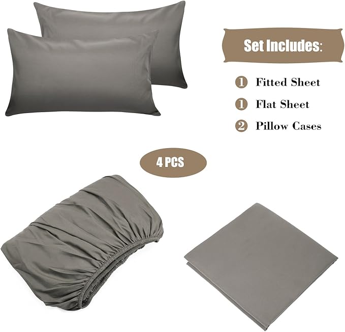 4 Piece Bed Sheet Set -1 Flat Sheet,1 Fitted Sheet and 2 Pillow Cases Brushed Microfiber Luxury Bedding with Deep Pockets (Full,Gray)