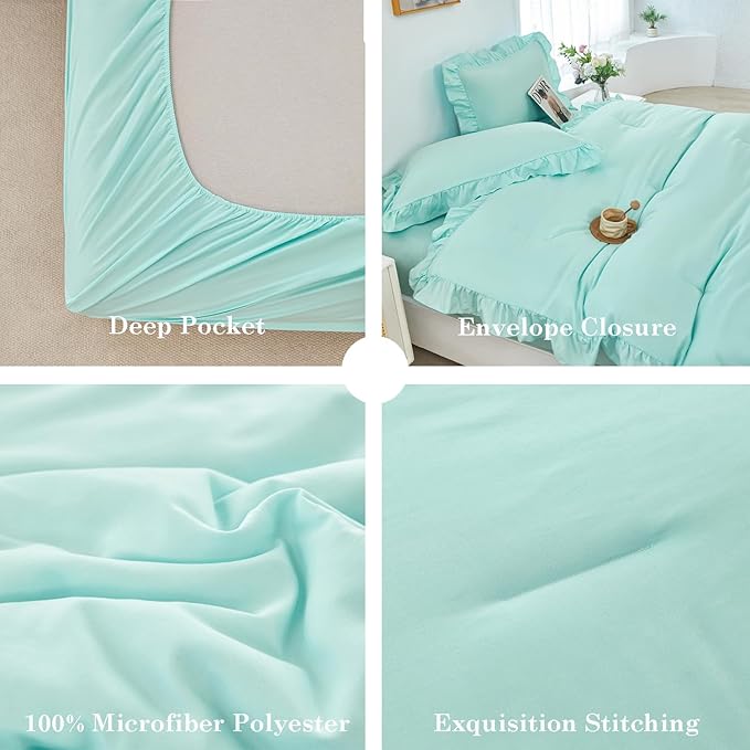 ANGIYUIN 5Pcs Queen Size Comforter Sets Mint Green Ruffle Bedding Sets Vintage Farmhouse Bed Sets Solid Elegance Bed in A Bag for Women Men(Mint Green Queen)