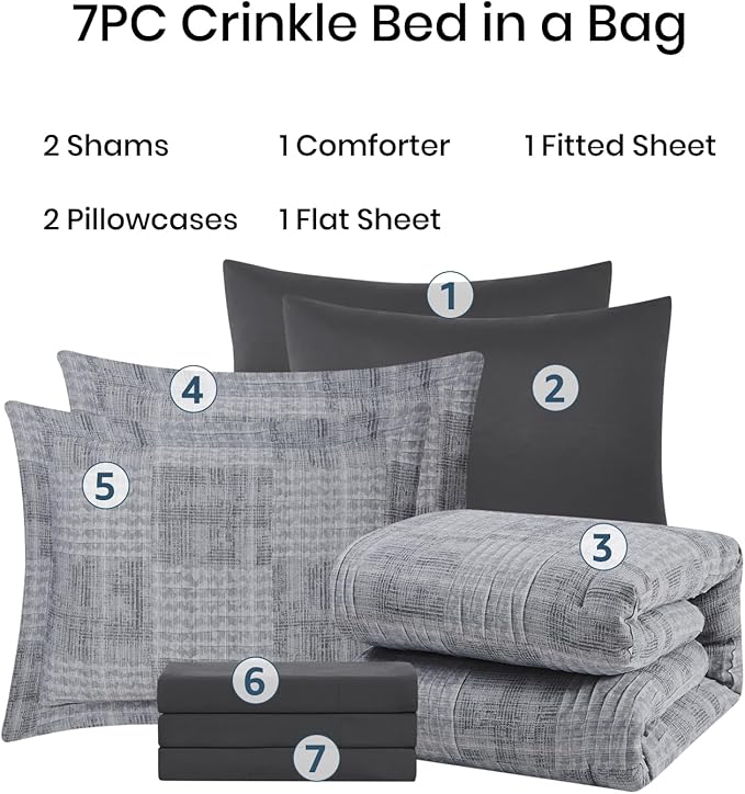 MaiRêve Charcoal Grey Queen Comforter Set, Textured Design Grey Crinkle Bed in A Bag Queen Size, Queen Comforter Set with 7 Pieces with Comforter, Sheets, Pillowcases & Shams 90"x 90"