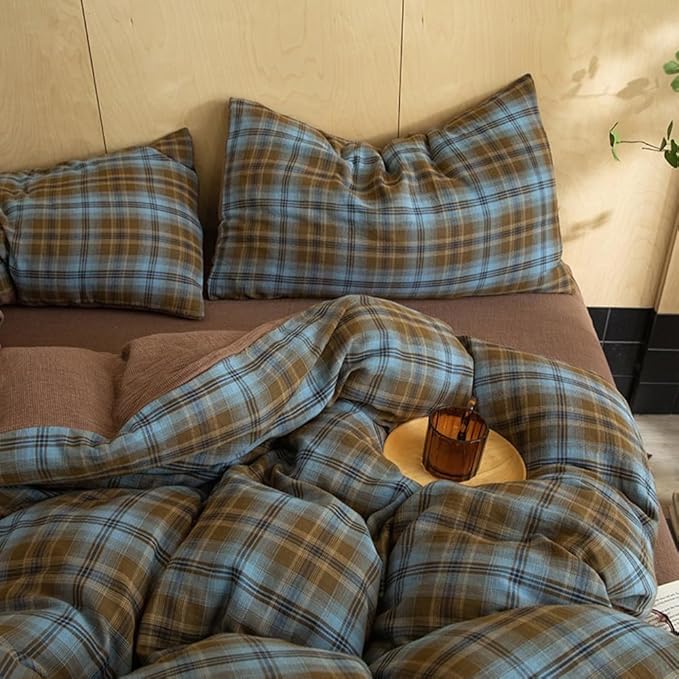 Vintage Blue&Brown Plaid Duvet Cover Queen 100% Cotton Muslin Duvet Cover Retro Plaid Gingham Checkered Comforter Cover with 2 Pillowcases Breathable Linen Like Gauze Farmhouse Grid Bedding Set