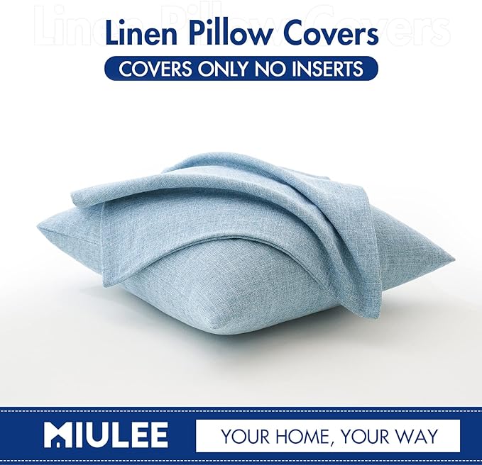 MIULEE Pack of 2 Decorative Linen Burlap Textured Pillow Covers Farmhouse Boho Accent Pillowcases Spring Coastal Home Decor for Couch Sofa Bedroom Living Room 18x18 Inch Light Blue