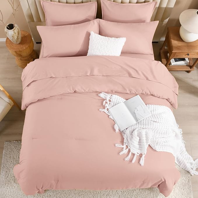 Litanika Comforter Full Size Set Blush Pink - 7 Pieces Bed in a Bag Full Bedding Comforter Sets, Plain Lightweight Bed Set with Comforter, Sheets, Pillowcases & Shams