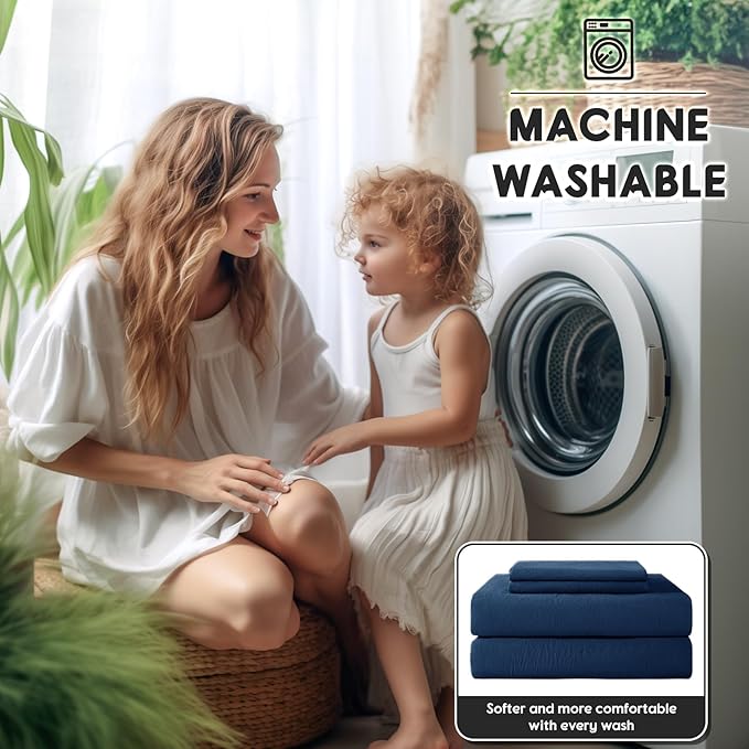 SONORO KATE 100% French Pure Linen Sheets, Breathable and Durable Line Full Size Sheets, Anti-Tear Line Bed Sheets, Machine Washable, 16 Inch Deep Pocket - 4 Piece (Navy Blue, Full)
