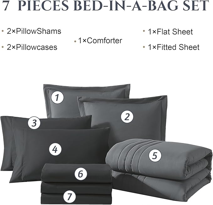 Monbix Full Comforter Set - 7 Pieces Grey Bed in a Bag Full Size Bedding Sets with Comforters, All Seasons Comforter with Sheets, Pillowcases & Shams