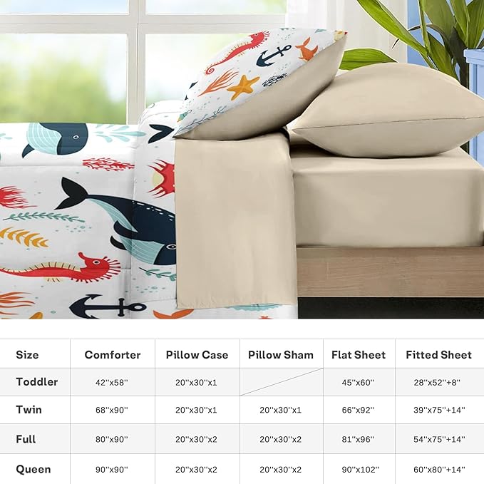 Nesker 7 Pcs Comforter Set Full Size, Whales Octopuses Seahorses Bedding for Kids Teen, Ocean Sea Animal with Fitted Sheet 2 Pillowcases & 2 Shams for Bedroom Bed Decor