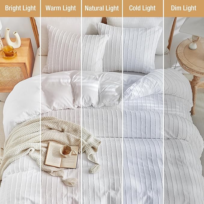Lekesky White Duvet Cover Queen Size, Striped Tufted Textured Queen Duvet Cover Set 3pcs Ultra Soft Microfiber Breathable Shabby Chic Boho Bedding Sets with Zipper Ties (No Comforter)