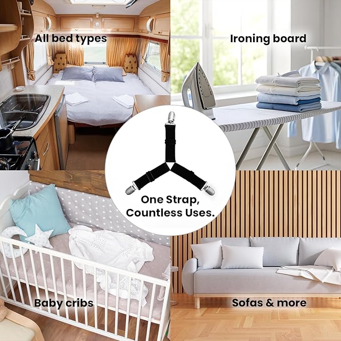 Bed Sheet Holders(4 Pack) Durable Metal Core, Adjustable Steel Buckle, Strong Elastic & Soft-Pad Grippers. Keep in Place Fitted Bedding Straps for Any Mattress, Easy No-Lift Install