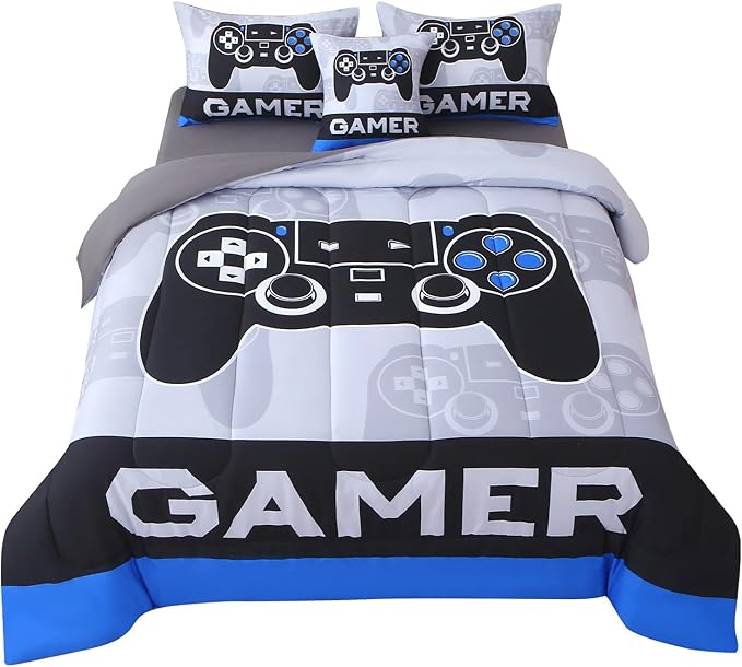 JQinHome Queen Gamer Comforter Sets for Boys,6 Piece Bed in A Bag 3D Video Gamer Bedding -All Season Microfiber Gaming Bedding Set for Kids, with Sheet Sets (Cyber Blue)