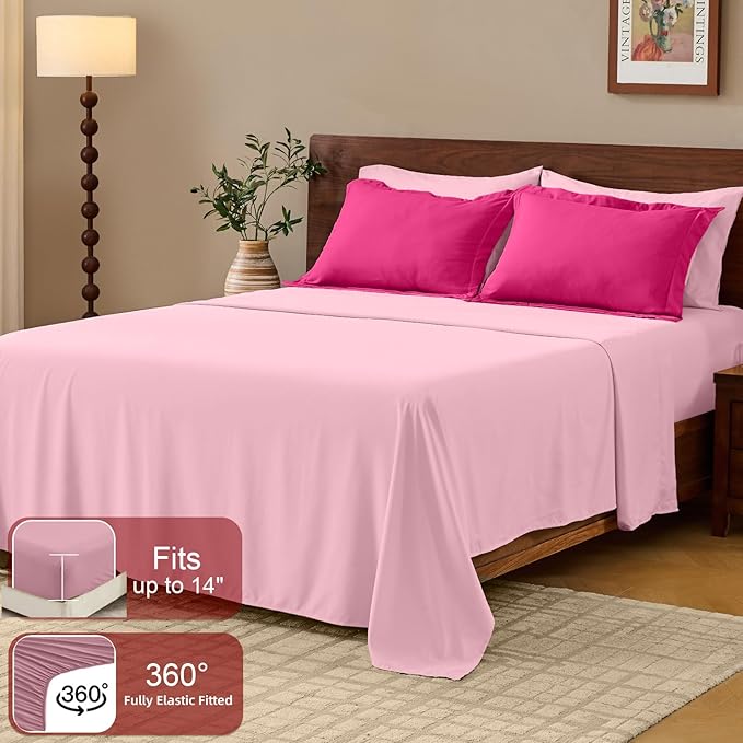 FUANNA California King Comforter Set 7 Pieces, Reversible Bedding Sets with All Season Soft Comforter, Bed in a Bag with Comforter, Flat Sheet, Fitted Sheet, Pillowcases & Shams, Hot Pink & Pink