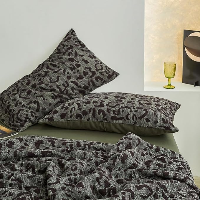 LifeTB Leopard Duvet Cover Full Yarn-Dyed Cotton Jacquard Duvet Cover Green Leopard Print Floral Bedding Set Animal Cheetah Printed Comforter Cover Farmhouse Boho Duvet Cover with Zipper Closure
