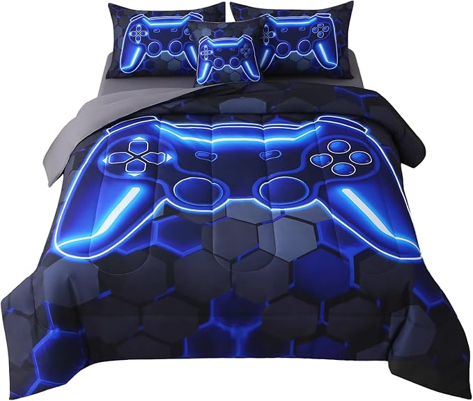 JQinHome Full Size Gaming Bedding Set 6-Piece Comforter for Boys Teens - 3D Video Game Print Bed in a Bag with Sheets, Blue Cool Black Design (Full)