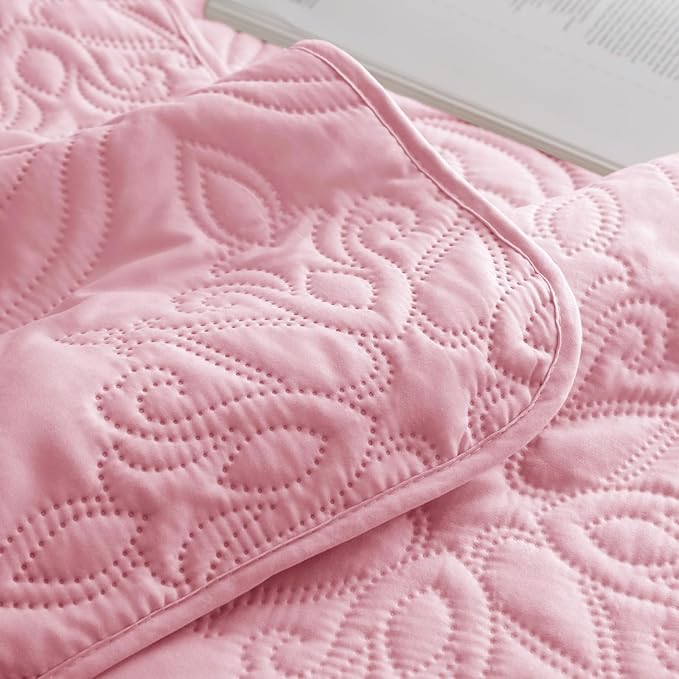 Whale Flotilla Soft Twin Quilt Bedding Set for All Seasons, Elegant Vintage Damask Ultrasonic Quilts Set, Lightweight Reversible Bedspread, Coverlet, Bed Cover with 1 Pillow Sham, Pink