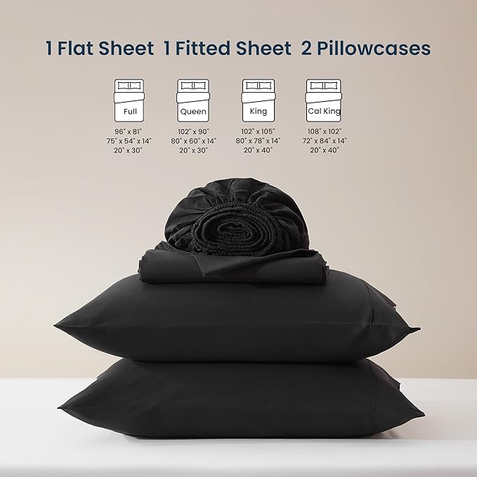 SLEEP ZONE Nanotex Super Soft Cooling Bed Sheets Set Cal King 4 Piece - Easy Care Fitted Flat Sheet & Pillowcase Sets - Wrinkle Free, Fade Resistant, Deep Pocket 16" (Black, Cal King)