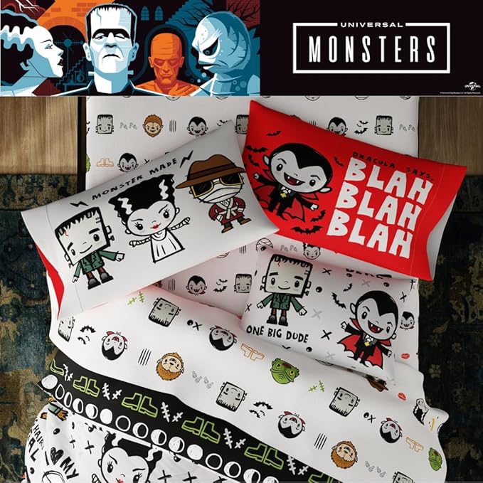Universal Little Monsters Halloween 5 Piece Twin Bedding Set - Super Soft Cozy Reversible Comforter and Sheet Set with Sham, (Officially Licensed Product) by Franco