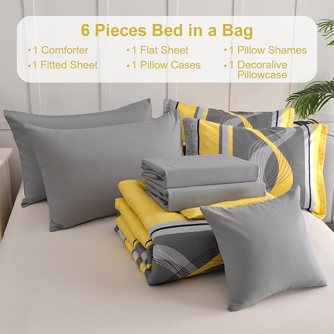 Anibedding Yellow Comforter Set Twin Size,6 Pieces Bed in a Bag Patchwork Striped Bedding Sets,Boho Soft Microfiber Bedding Set for All Season(86"×68")