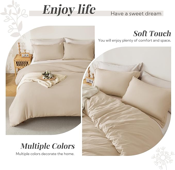 MILDLY Super Soft Duvet Cover - 100% Washed Microfiber Light Khaki Comforter Cover Set 3 Pieces with Zipper Closure & Corner Ties (No Comforter)