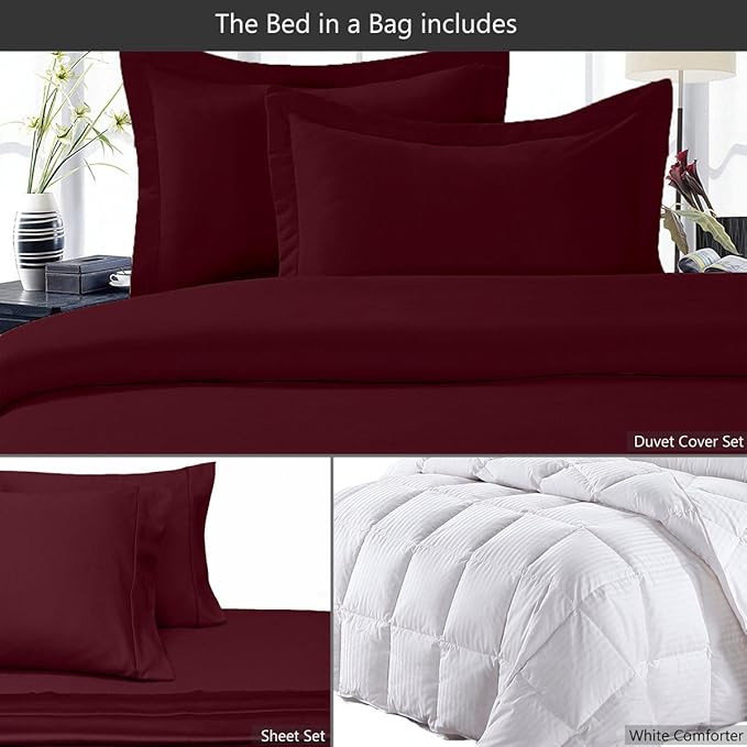 8 Pieces 100% Cotton Solid Burgundy California King Goose Down Bed in a Bag Set Including 600TC Sheet Set + 600TC Duvet Cover Set+ All Season Striped Goose Down Comforter 600 Fill Power