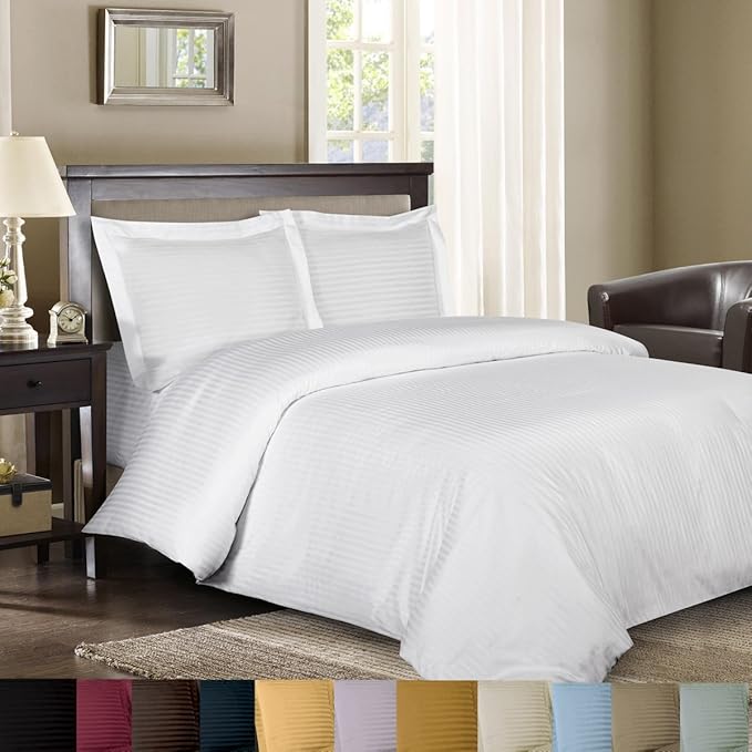 Royal Hotel Bedding 8pc California-King Size Bed-in-a-Bag Striped White 600-Thread-Count Siberian Goose Down Alternative Comforter 100 Percent Cotton - Includes Sheets and Duvet Cover Sets