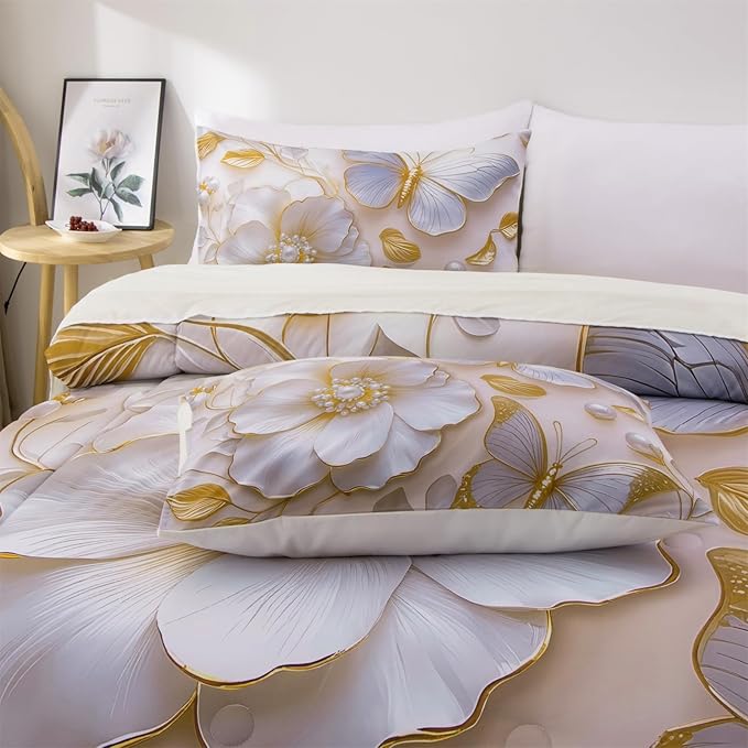 A Nice Night Full 6pcs Bed in A Bag Glod Dreamy 3D Butterfly Printed, Pearl Flower Design Butterflies Bedding Full Comforter Set, for Girls Kids Teens