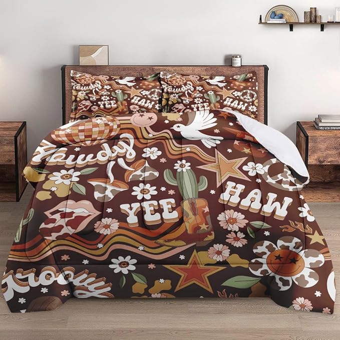 Queen Size Comforter Set with 2 Pillowcases, 70S Retro Western Hippie Cowboy Soft 3 Pcs Bedding for Kids and Adults Bedroom Bed Decor