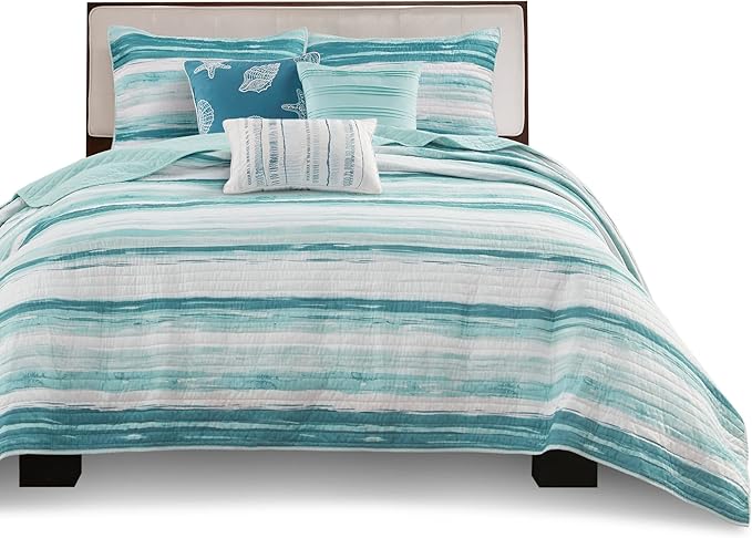 Madison Park Quilt Set Cottage Coastal Design, 6 Piece Set - All Season, Coverlet Bedspread Lightweight Bedding Layer, Shams, Toss Pillows, Full/Queen(90 in x 90 in), Aqua/White