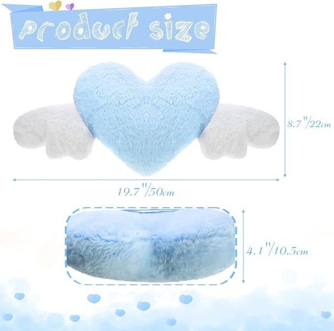 Macarrie 2 Pcs Plush Heart Shaped Pillow with Angel Wings Car Headrest Soft Comfortable Car Seat Pillow for Driving Travelling Room Office Car Decor, 19.7 x 8.3 Inch(Light Blue)