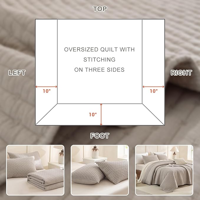 CozyTide Oversized King Bedspread 120x120,3Pcs Stone-Washed Cotton Extra Large Farmhouse Lightweight King Quilt Bedding Set Oversized Linen Colored Soft Summer California King Quilt Coverlet
