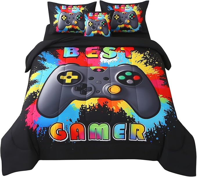JQinHome Twin Gamer Bedding Set for Boys,6 Piece Bed in A Bag 3D Video Gamer Comforter -All Season Microfiber Gaming Bedding Set for Kids, with Sheet Sets (Rainbow Black)