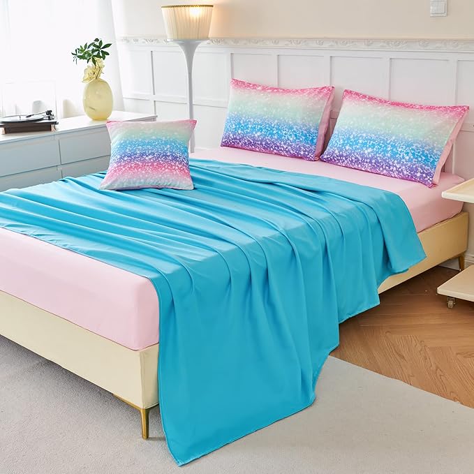 PERFEMET Blue Green Twin Comforter Set for Girls, 6 Pcs Colorful Rainbow Kids Bedding Sets, Tie Dye Ombre Twin Comforter Set with Sheets, Gradient Glitter Bed Sets for Bedroom Decoration