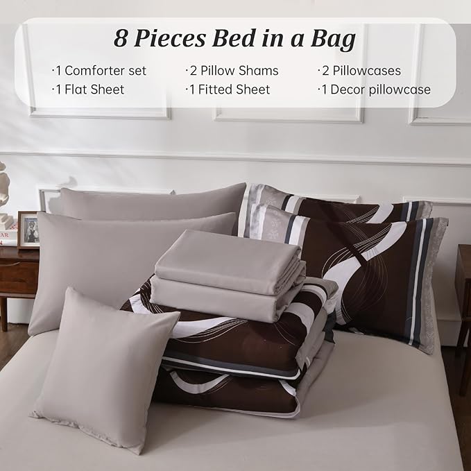 Anibedding Striped Comforter Set Queen Size,8 Pieces Bed in a Bag Beige and Brown Patchwork Bedding Sets,Boho Soft Microfiber Bedding Set for All Season(90"×90")