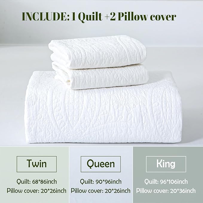 White 100% Cotton Twin Quilt Set, 3 Piece Modern Textured Bedspread with Coin Pattern, Lightweight Crinkly Coverlet Sham Set, Soft Minimalist All Season Bedding, Garment-Washed