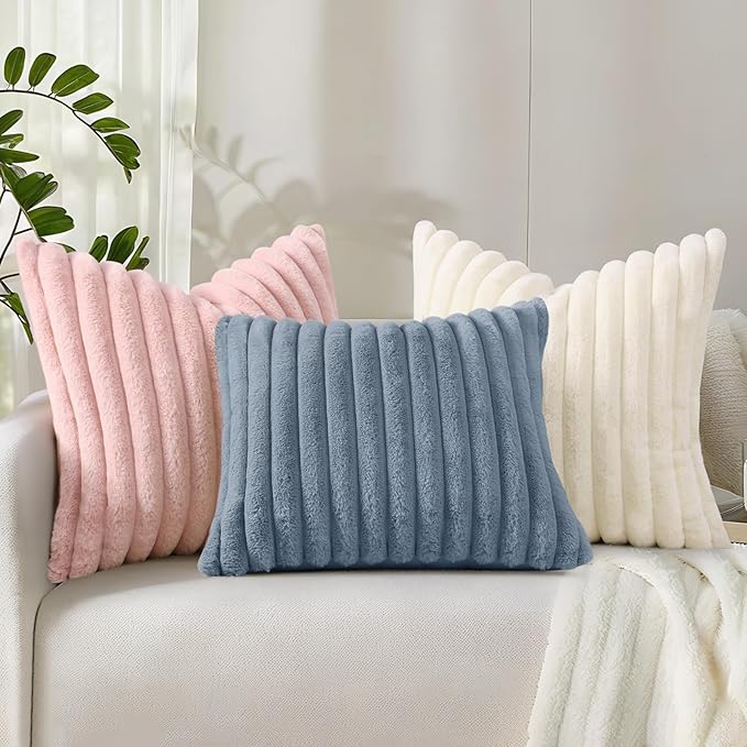 decorUhome Cozy Faux Fur Spring Throw Pillow Covers 20x20 Set of 2 Decorative Soft Plush Striped Modern Farmhouse Boho Couch Pillow Cases with Velvet Back for Sofa Bed Living Room, Cream White