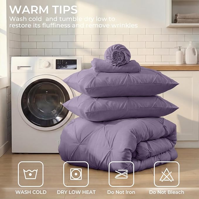 Sasttie Twin XL Comforter Set, 5-Piece Bed in a Bag, Pintuck Bedding Sets for All Season, Includes Comforter, Flat Sheet, Fitted Sheet, Pillowcase and Pillowsham, New Purple