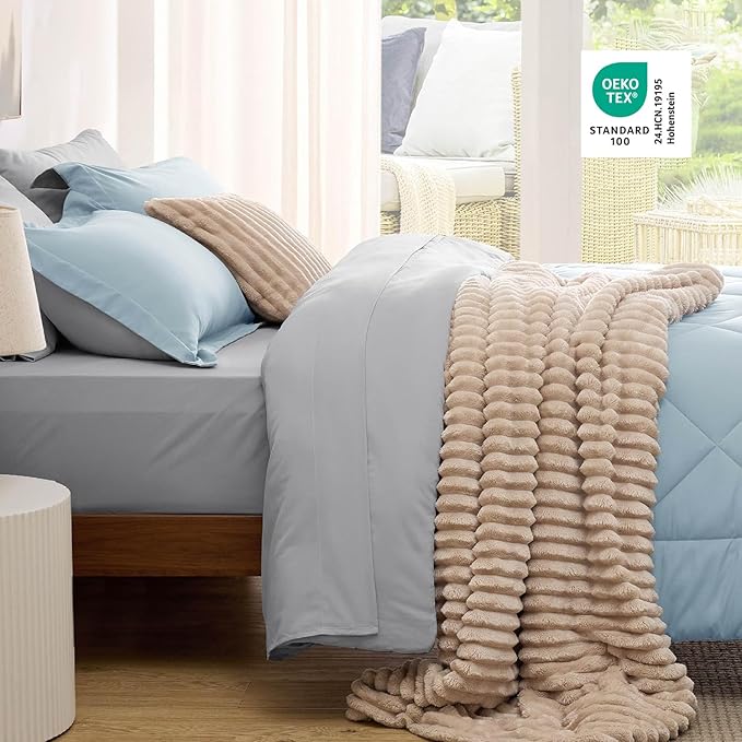 Bedsure Twin Comforter Set - 5 Pieces Reversible Sky Blue Bedding, Twin Size Bed Set for All Seasons, Bed in a Bag with Down Alternative Comforter, Sheets, Pillowcase & Sham