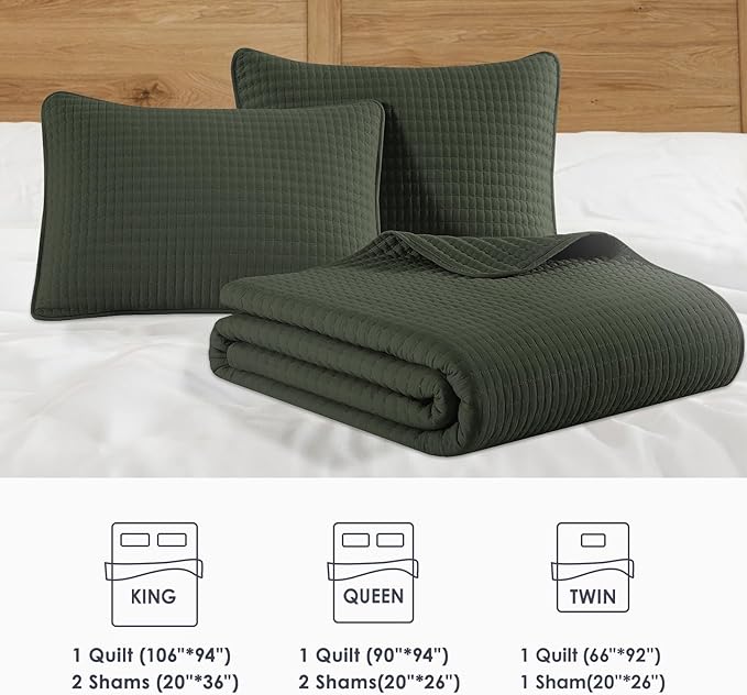 WRENSONGE King Size Quilt-3 Pieces Lightweight Bedspreads Dark Green King Quilt Bedding Set for All Seasons, Soft Summer Coverlet with 2 Pillow Shams Suitable for Bed, Couch, Quilt Blanket