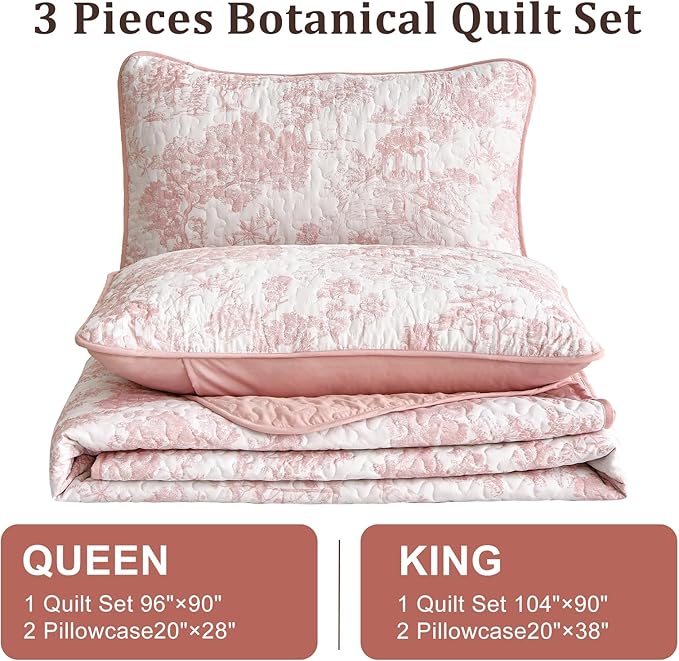WONGS BEDDING Quilt Set King Size, 3 Pieces Pink Floral Plants Printed Bedspread Coverlet Set Soft Lightweight Microfiber Botanical Bedding Set for All Season (104"x90")