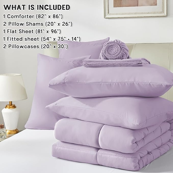 Anluoer Full Comforter Set 7 Piece, Lavender Bed in a Bag with Sheets, Comforters Full Size Bedding Sets with 1 Comforter, 2 Pillow Shams, 2 Pillowcases, 1 Flat Sheet,1 Fitted Sheet