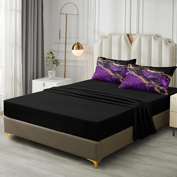 Black Gold Comforter Set - 6 Pcs Purple Marble Bedding Set Twin Size Bed in A Bag - Stone Texture Abstract Room Decor - Purple and Black