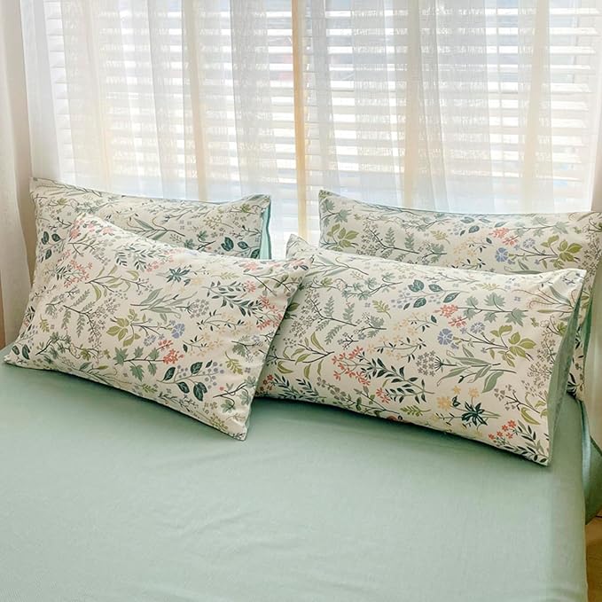 Lightweight Queen Duvet Cover Set Green Pink Floral Bedding Sets Queen Flower Branches Duvet Cover Set Aesthetic Boho Chic Premium Cotton Comforter Cover Set Girl 3 Pieces Queen Duvet Cover Set