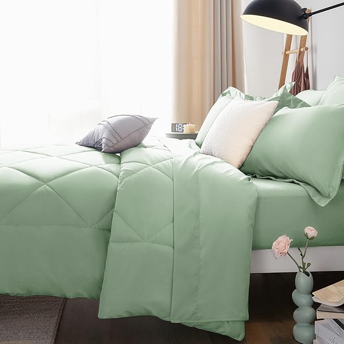CozyLux Queen Comforter Set Sage Green - Bed in a Bag Queen Size 7 Pieces, Luxury Soft Bed Set for All Seasons, Bedding Set with Down Alternative Comforter, Sheets, Pillowcases & Shams