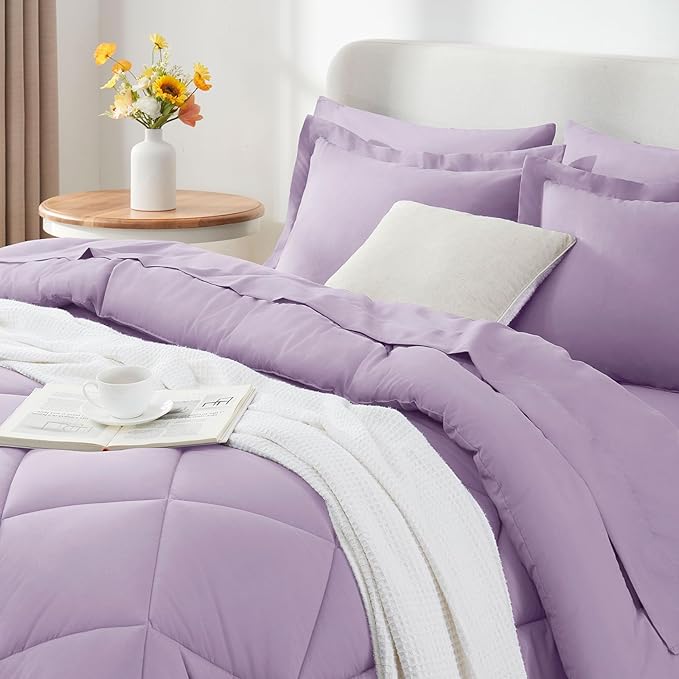 CozyLux King Size Comforter Set Light Purple - 7 Pieces Bed in a Bag King, Luxury Soft Lavender Bed Set for All Seasons, Bedding Set with Down Alternative Comforter, Sheets, Pillowcases & Shams