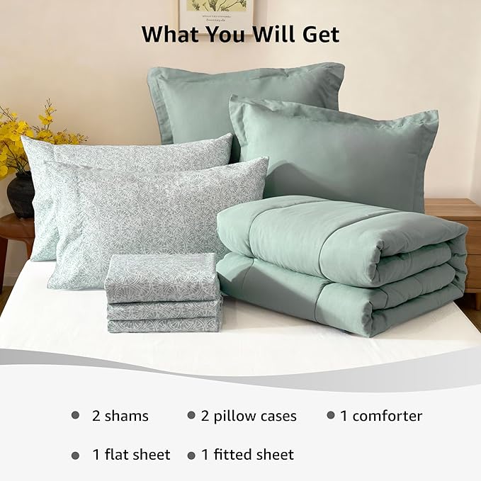 Monbix Queen Comforter Set - 7 Pieces Sage Green Bed in a Bag Queen Track Stitching Bedding Sets, All Seasons Comforter Bed Set with Sheets, Pillowcases & Shams