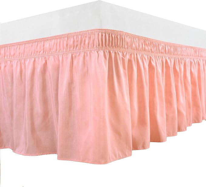 Wrap Around Bed Skirts Elastic Dust Ruffles, Easy Fit Wrinkle and Fade Resistant Silky Microfiber Fabric Solid Color Bedskirt, 12 Inch Tailored Drop Peach for Queen Size Bed Skirt