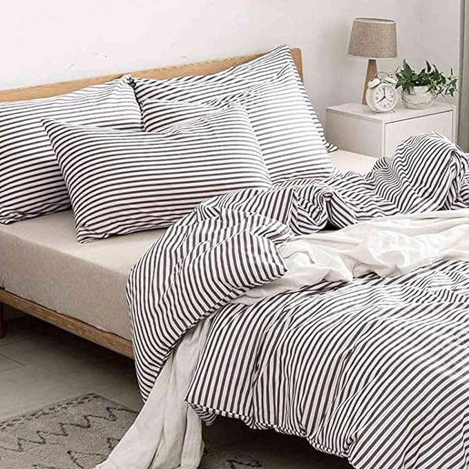 Nanko Striped Queen Size Duvet Cover Set, White and Grey Stripe Print Pattern 3 PCS - Microfiber Bedding Sets Comforter Cover Zip, Tie - Modern Farmhouse Style for Men and Women Teen, 90 X 90 in Gray