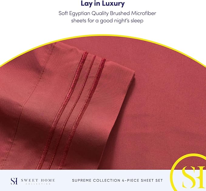 Twin XL Sheets - Breathable Luxury Sheets with Full Elastic & Secure Corner Straps Built In - 1800 Supreme Collection Extra Soft Deep Pocket Bedding Set, Sheet Set, Twin XL, Burgundy