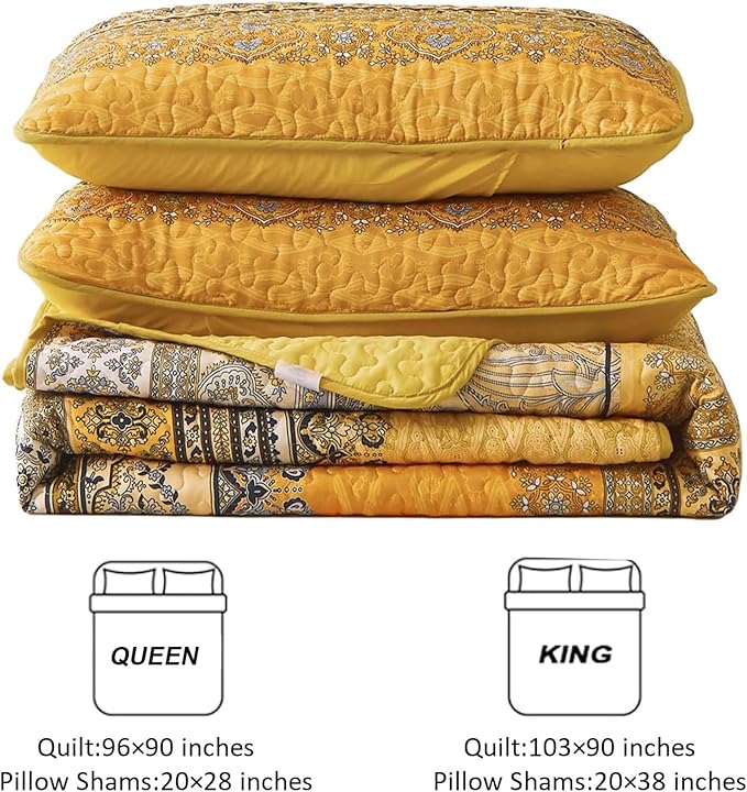 WONGS BEDDING Boho Queen Quilt Set, Yellow Orange Bohemian Queen Quilt Bedding Set, Lightweight Microfiber Bed Decor Bedspread for All Season 96"x90"(3 Pieces)