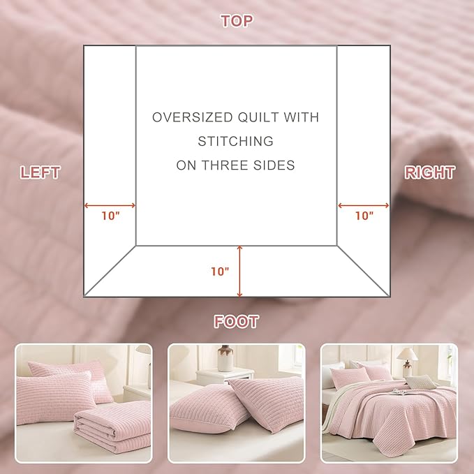 CozyTide Oversized King Bedspread 128"x120",Stone-Washed Cotton Blush Pink Oversized King Quilt Bedding Set,3 Pieces Lightweight Extra Large Farmhouse Boho Bedspread & Coverlet Sets Soft