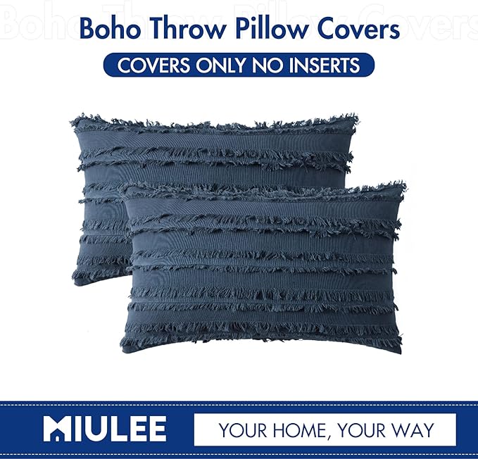 MIULEE Set of 2 Decorative Boho Throw Pillow Covers Linen Striped Jacquard Pattern Cushion Covers for Sofa Couch Living Room Bedroom 12x20 Inch Navy Blue